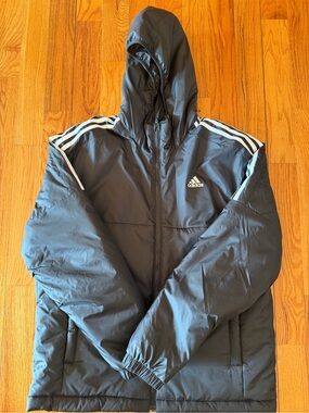 adidas Black Hooded Puffer Jacket with White Shoulder Stripes